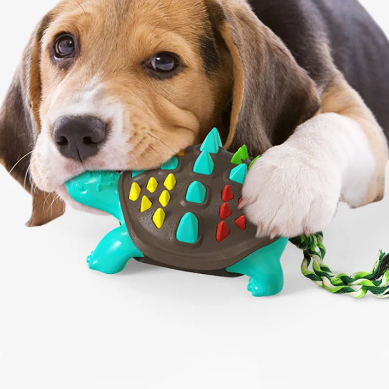 Natural rubber dog toothbrush chew toy with mint flavour and knot design for dental care and tug-of-war play