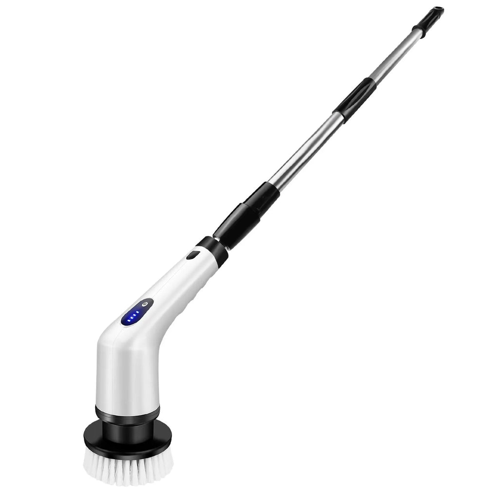 White rechargeable handheld cleaning ball appliance with cleaning brush on a white background