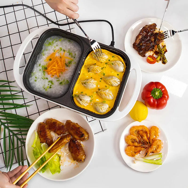 White or green household electric hot pot and frying cauldron oven with mechanical dials, 390mm wide.