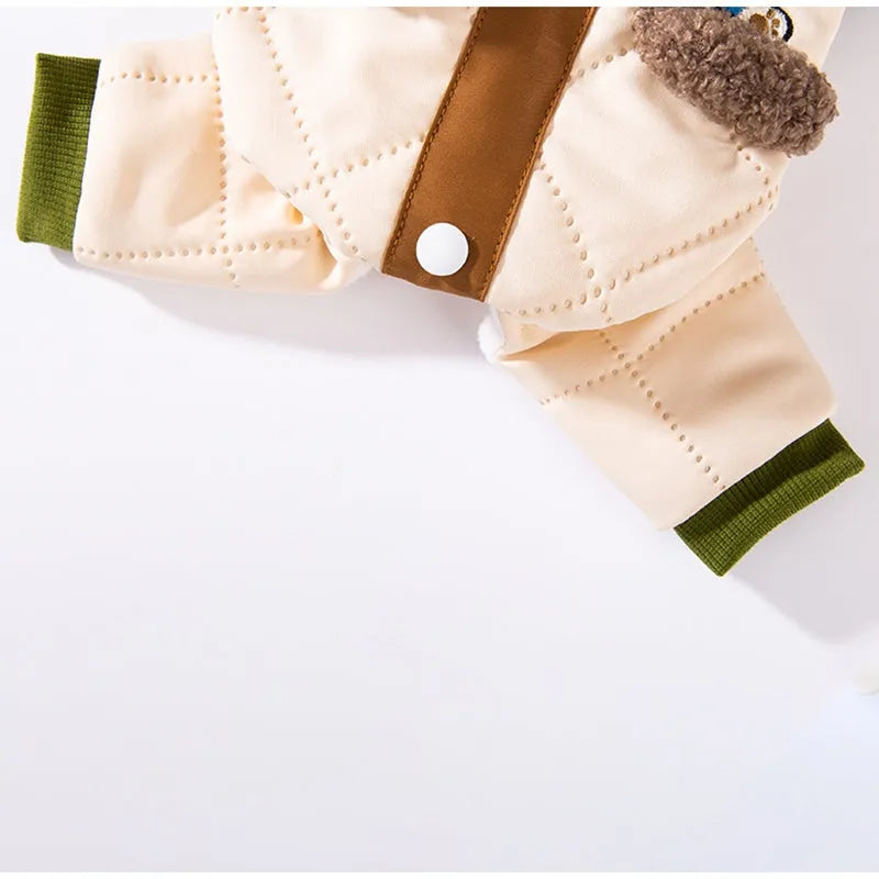 Warm thick quilted cotton dog coat with fleece-lined collar and pockets, cute dog embroidery, and leash ring in green