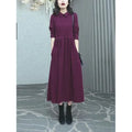 Purplish red plus size women's dress with extra long sleeves and long skirt for autumn and winter wear