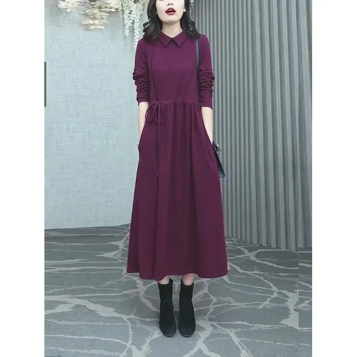 Purplish red plus size women's dress with extra long sleeves and long skirt for autumn and winter wear