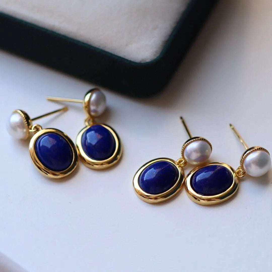 Pair of lapis lazuli pearl earrings in 925 silver setting with auspicious patterns
