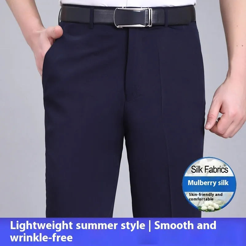 Men's straight leg non-iron business trousers in a mulberry silk blend fabric, shown in a dark blue colour.
