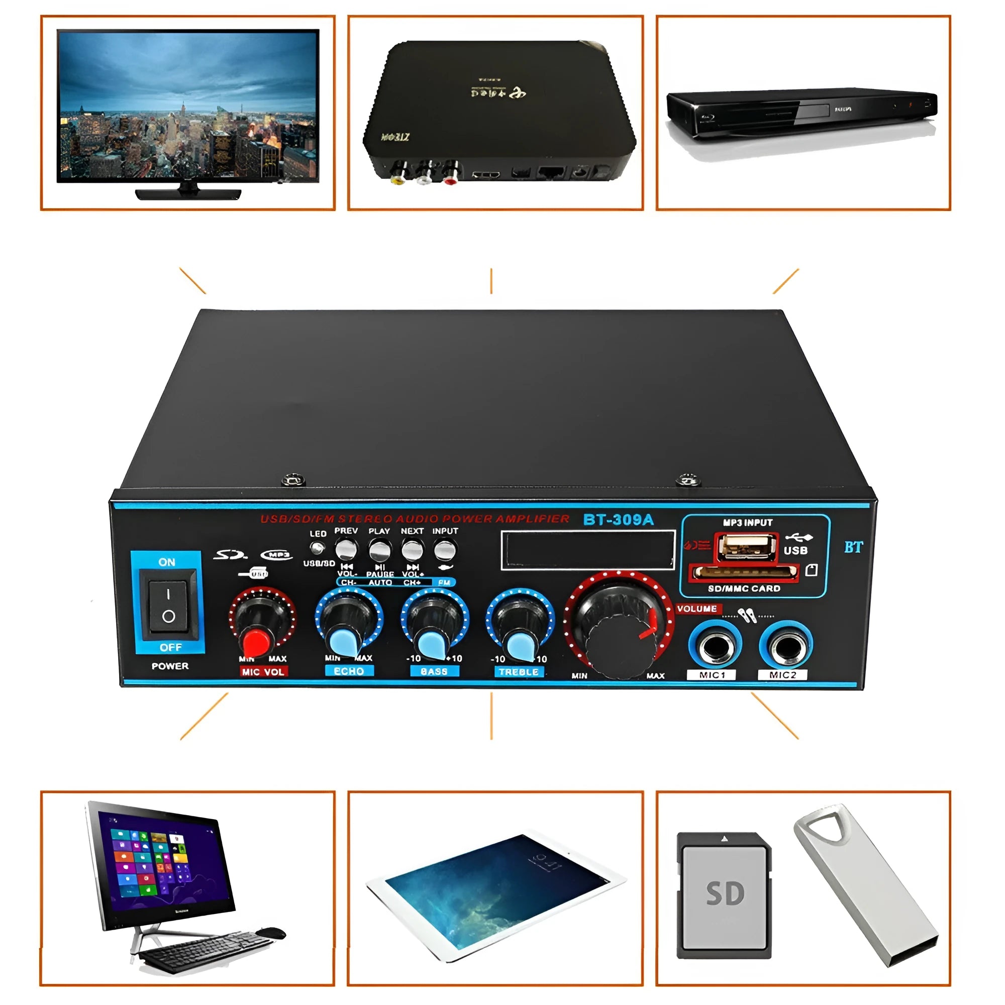 Black iron Bluetooth power amplifier with recording function and remote control for home and car audio
