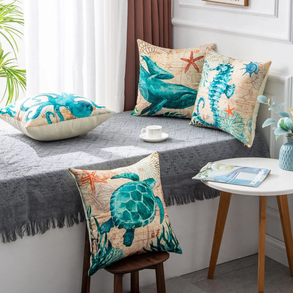 Sea turtle printed linen cushion cover 45x45cm with invisible zipper on sofa