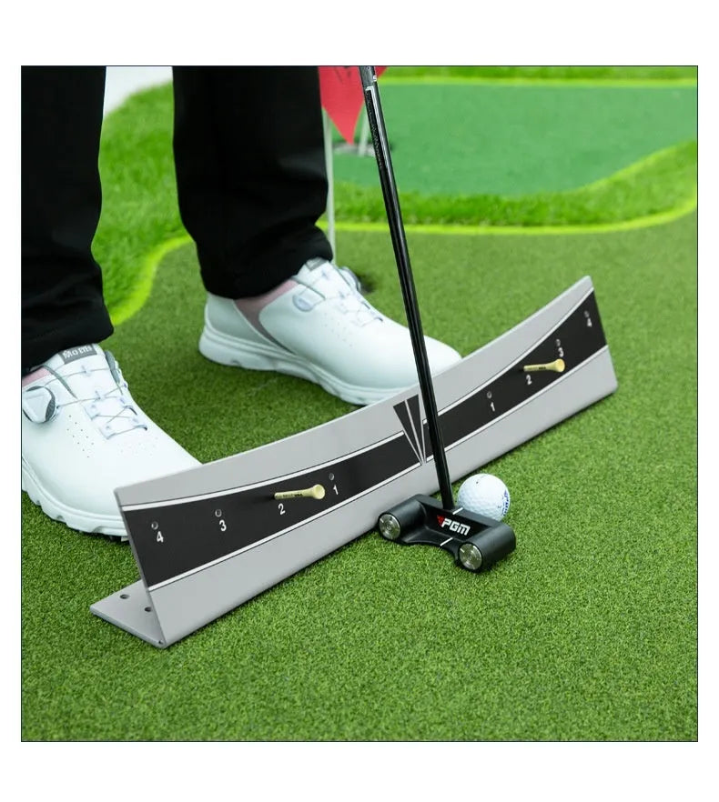 Golf putter trajectory balance simulator with adjustable push rod balancer on flat surface