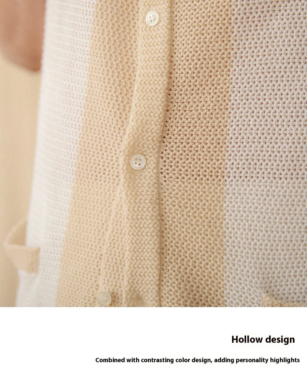 Hollow cotton and linen lapel short-sleeved cardigan knitted top in beige on a model