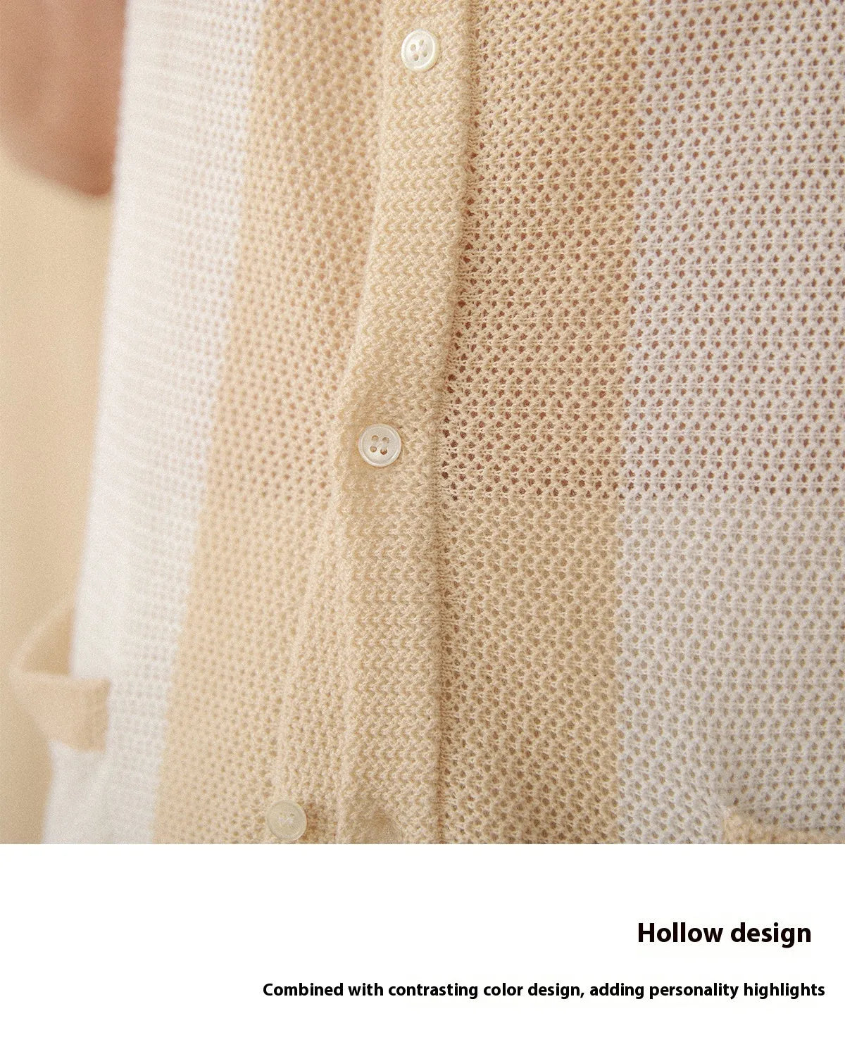 Hollow cotton and linen lapel short-sleeved cardigan knitted top in beige on a model