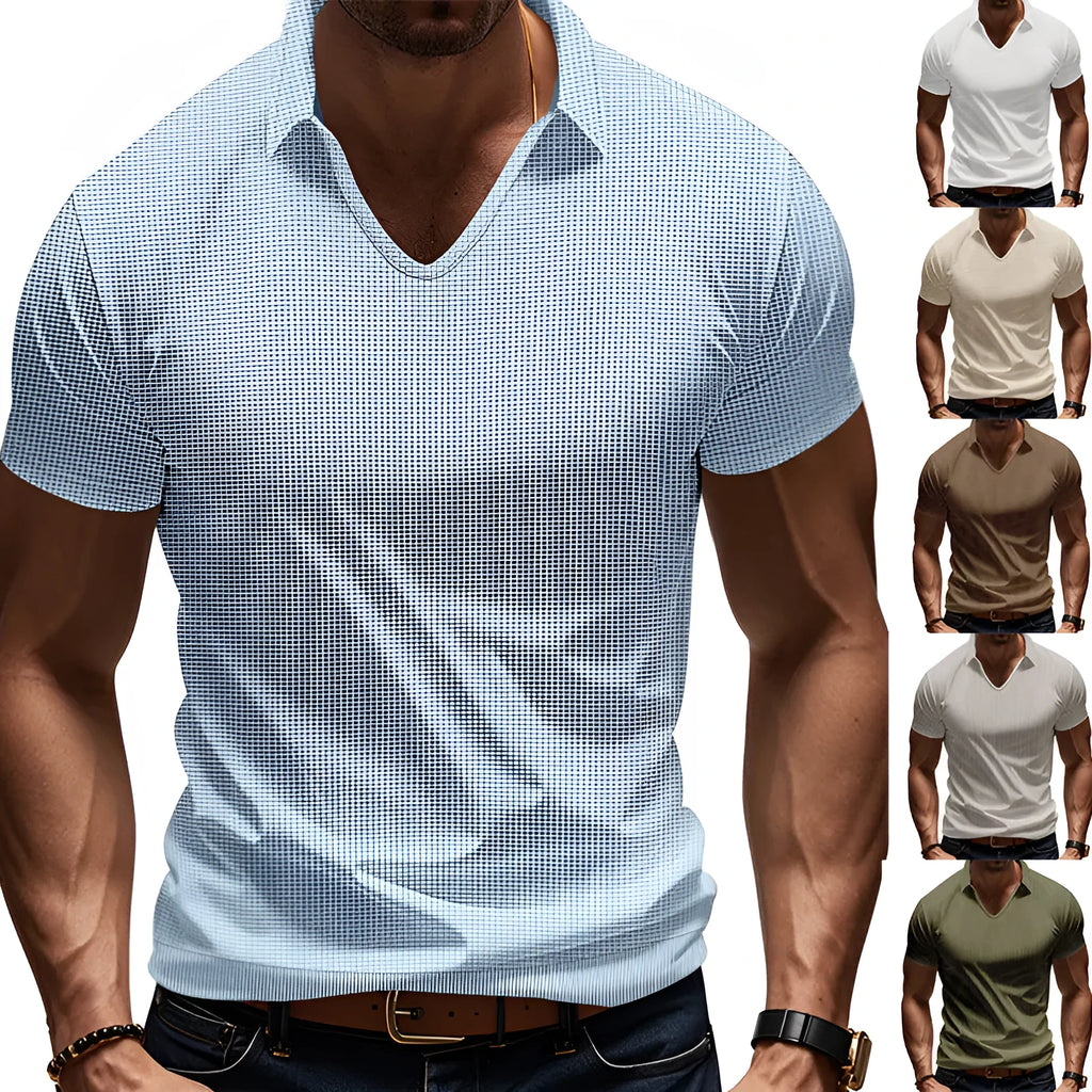 Men's light grey V-neck short sleeve t-shirt with loose fit casual design
