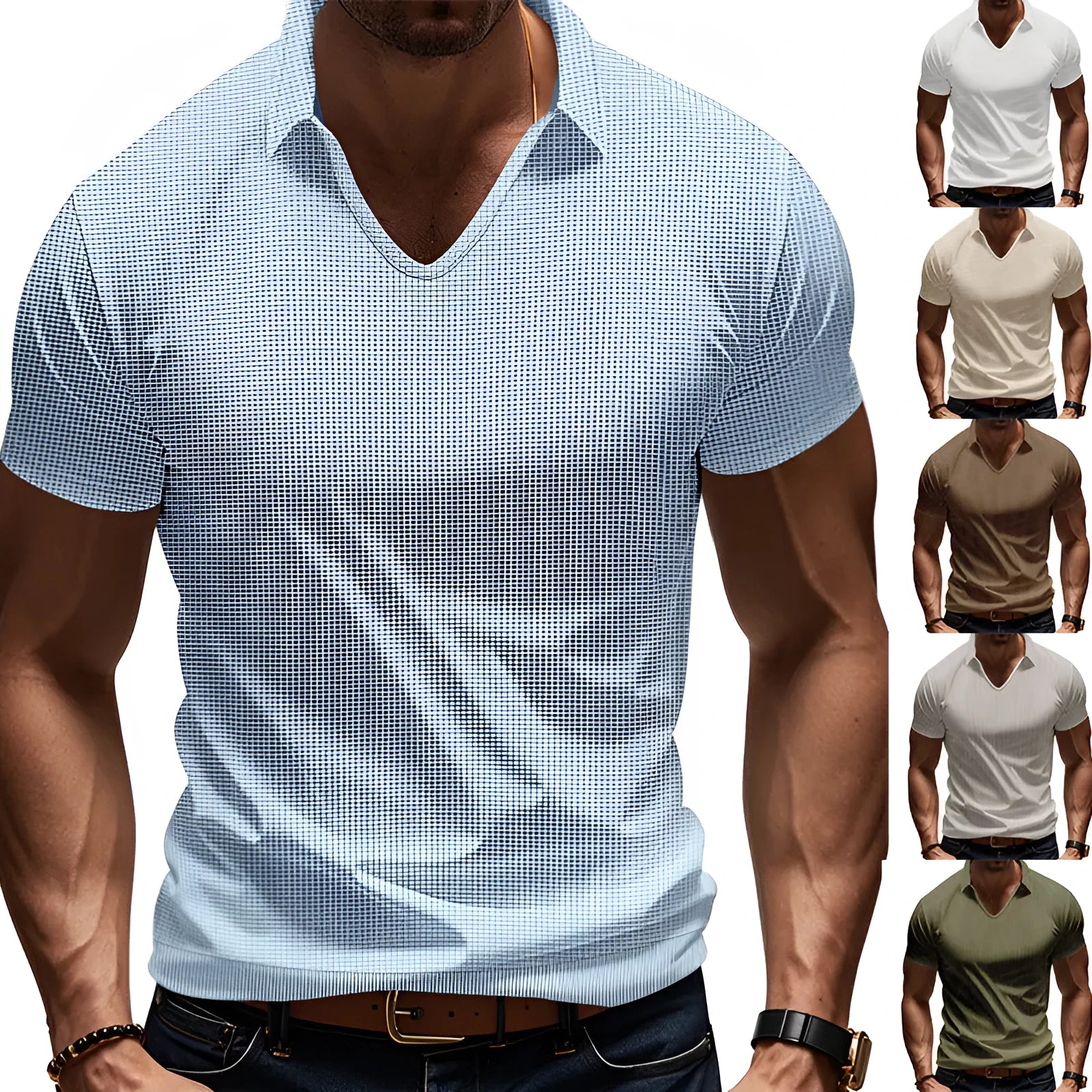 Men's light grey V-neck short sleeve t-shirt with loose fit casual design