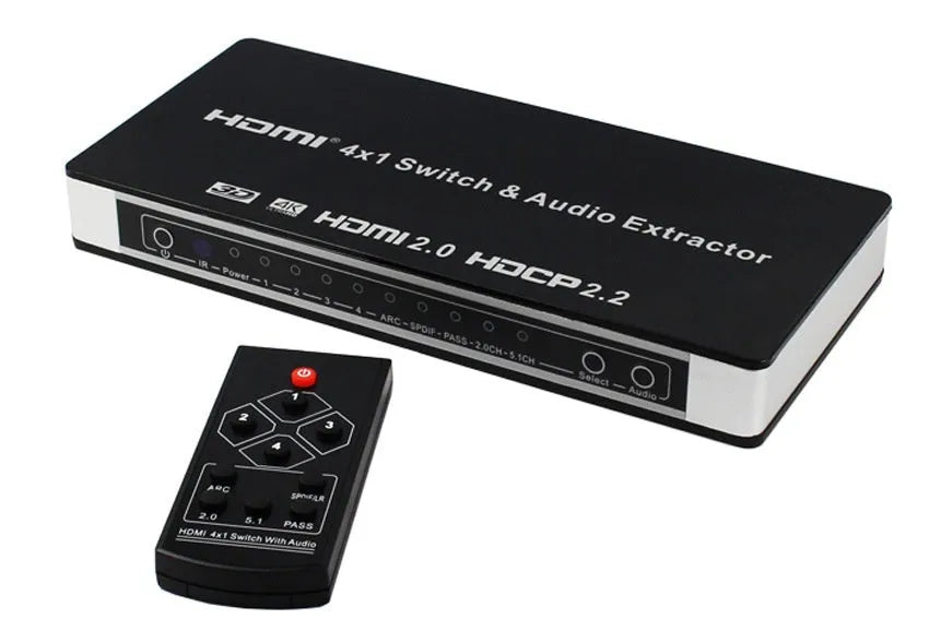 Black HDMI audio switch with remote control and 10-metre cable for 4-in-1 video switching