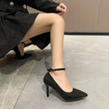 Women's black stiletto heel pump shoes with buckle detail and 8cm heel
