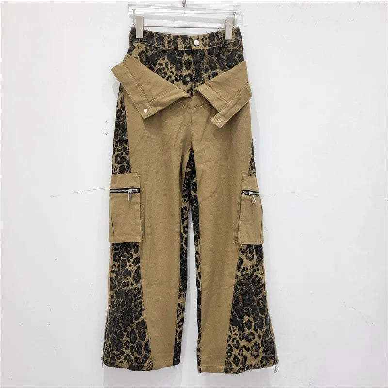 Dark khaki leopard print high waist jeans with fake two stitching detail and straight leg cut