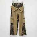 Dark khaki leopard print high waist jeans with fake two stitching detail and straight leg cut