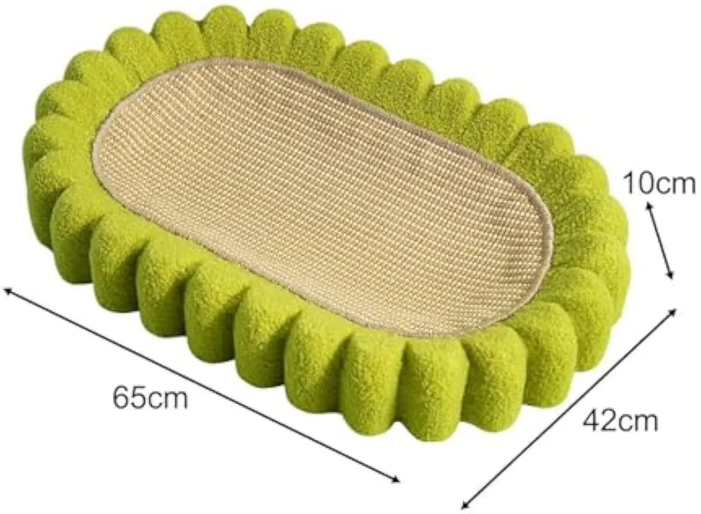 Green oval-shaped cat scratch pad and lounge bed made from textured sisal fabric.