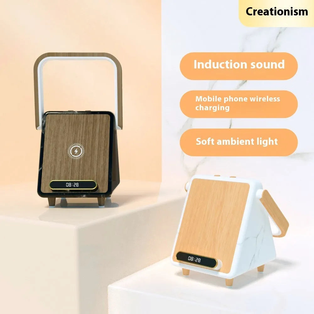 Wireless charging Bluetooth speaker with induction night lamp in Platinum Jazz finish, shown on a tabletop