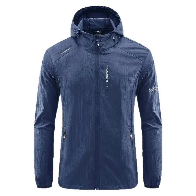 Men's thin nylon hooded summer jacket in light grey colour showing loose fit design