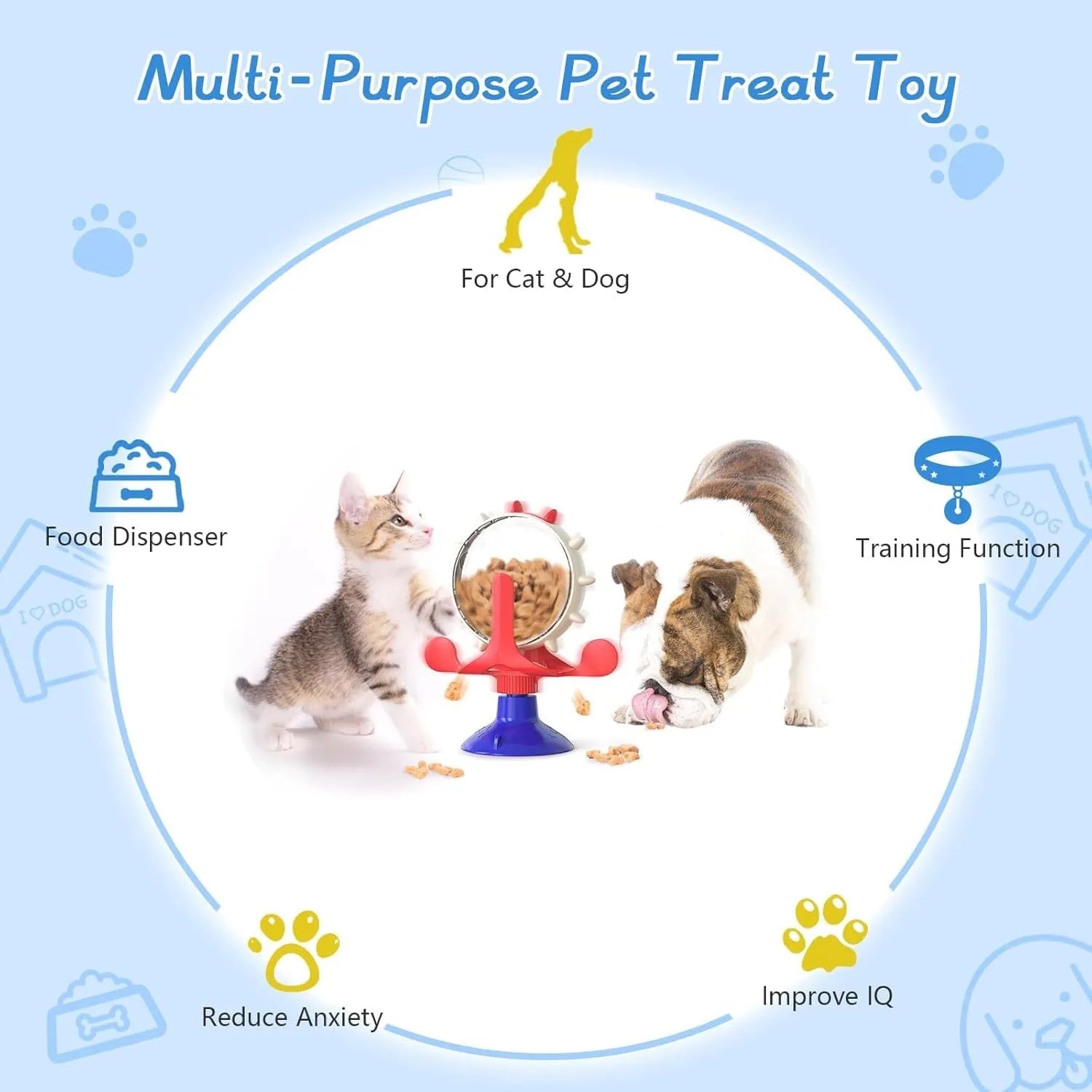Interactive pet spinner toy with food dispenser holes and floor sucker base for cats and small medium dogs
