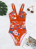 Women's floral pattern one-piece swimsuit with backless design in polyester spandex fabric