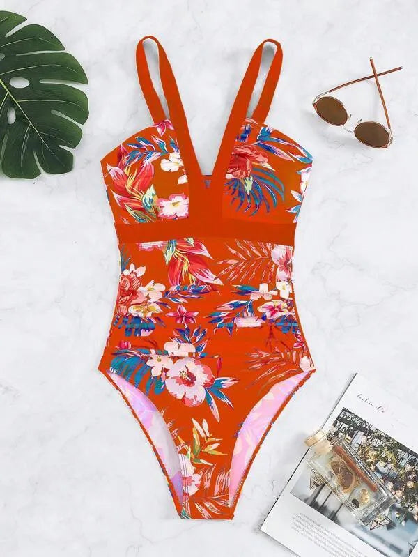 Women's floral pattern one-piece swimsuit with backless design in polyester spandex fabric