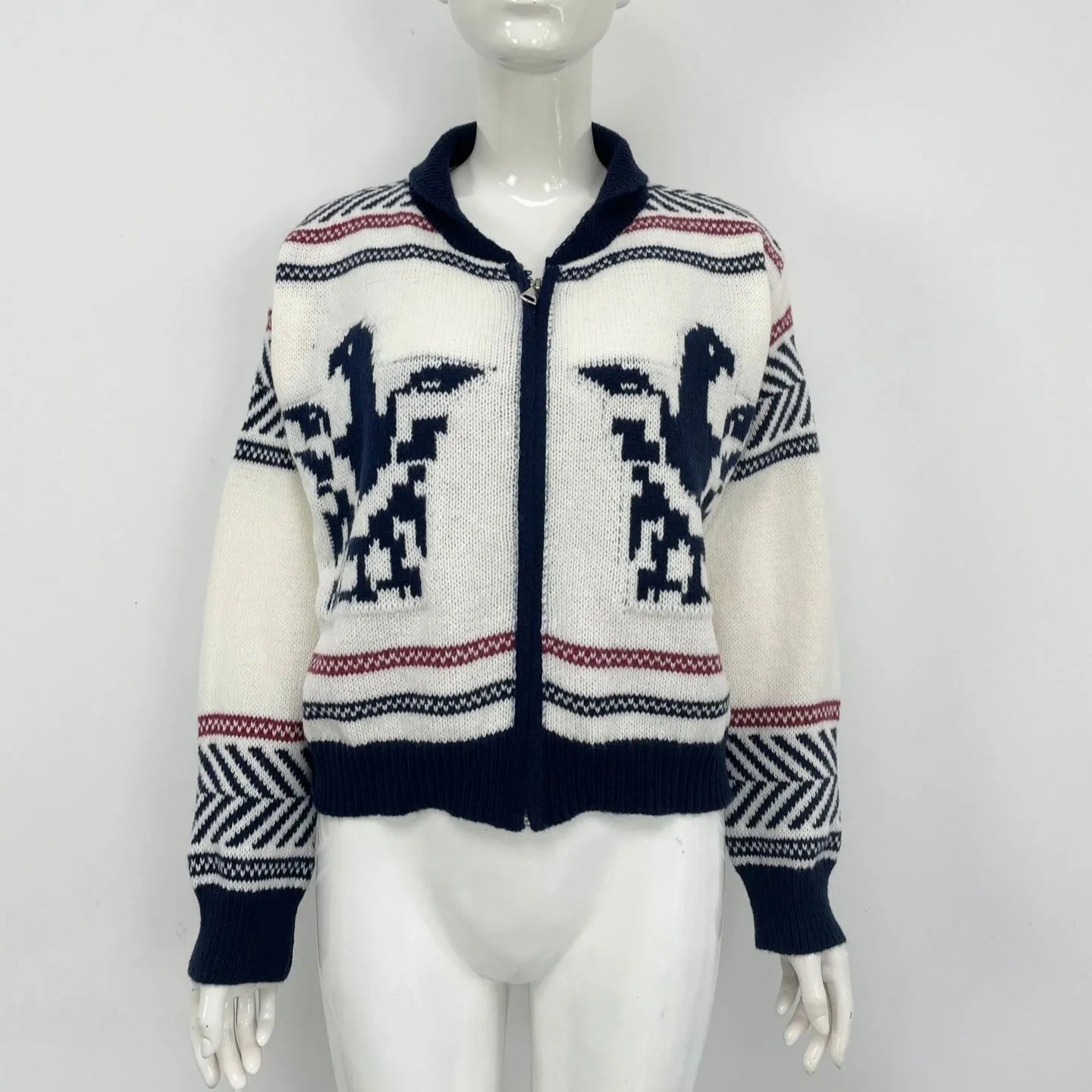 White women's zip-up cardigan with contrasting jacquard stripes and lapel collar