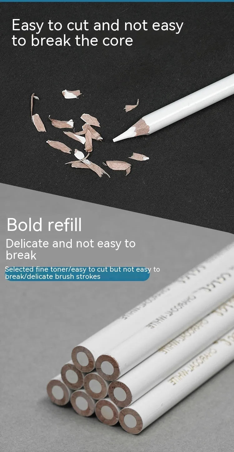 White charcoal sketching pencils in wooden barrels for highlighting and shading techniques