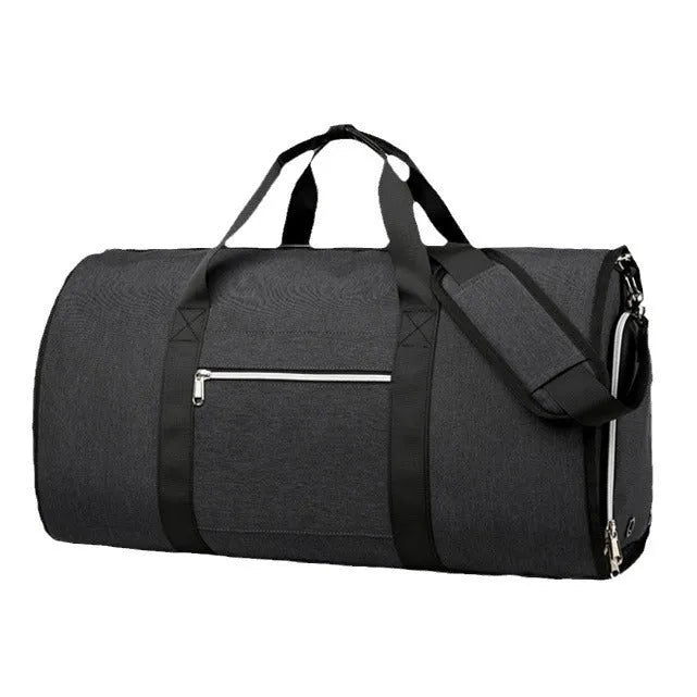 Grey Oxford cloth sports bag showing dry wet separation compartments and expansion function.