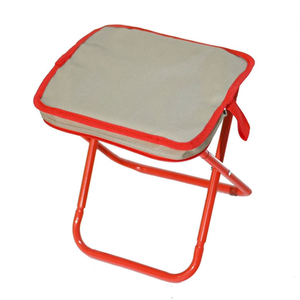 Foldable Oxford cloth camp stool shown in khaki colour with pencil box design for outdoor seating