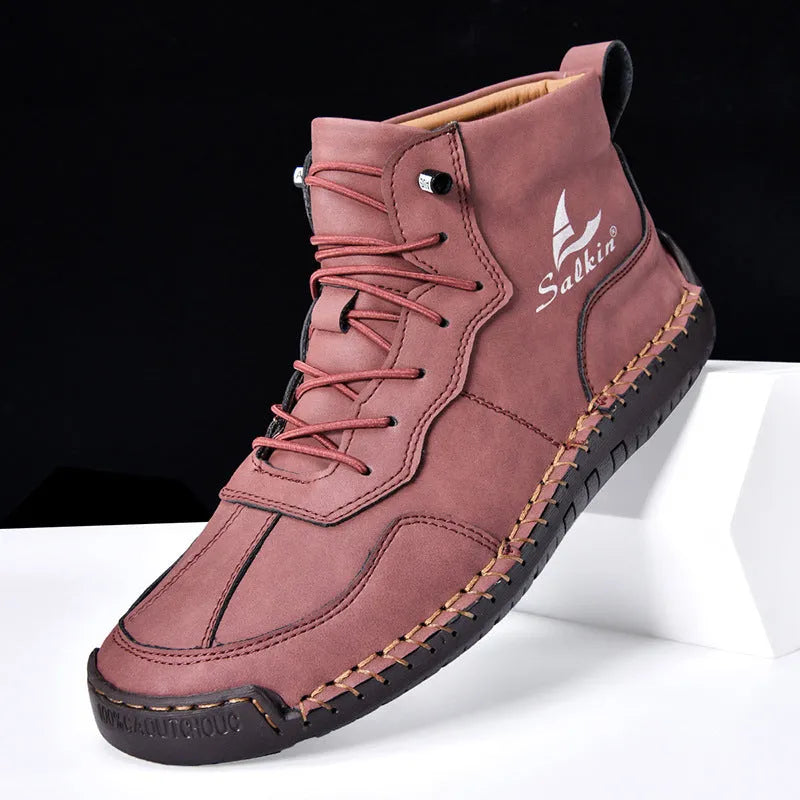 Retro high-top casual leather boots with frosted finish and round toe in beige