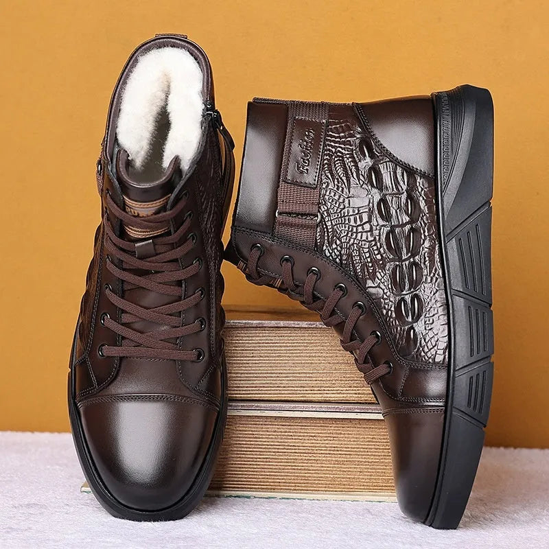 Men's black genuine leather snow cotton boots with a velvet finish and rubber sole.