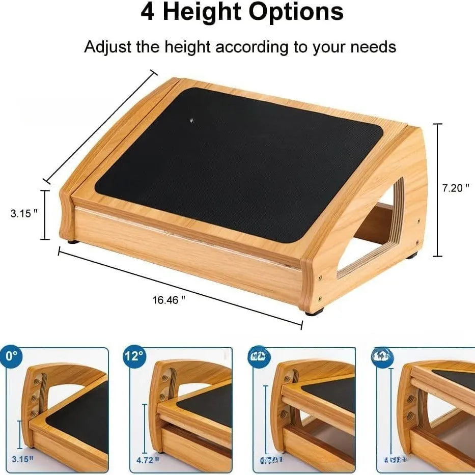 Wooden adjustable bamboo office desk footstool in natural wood colour with modern design