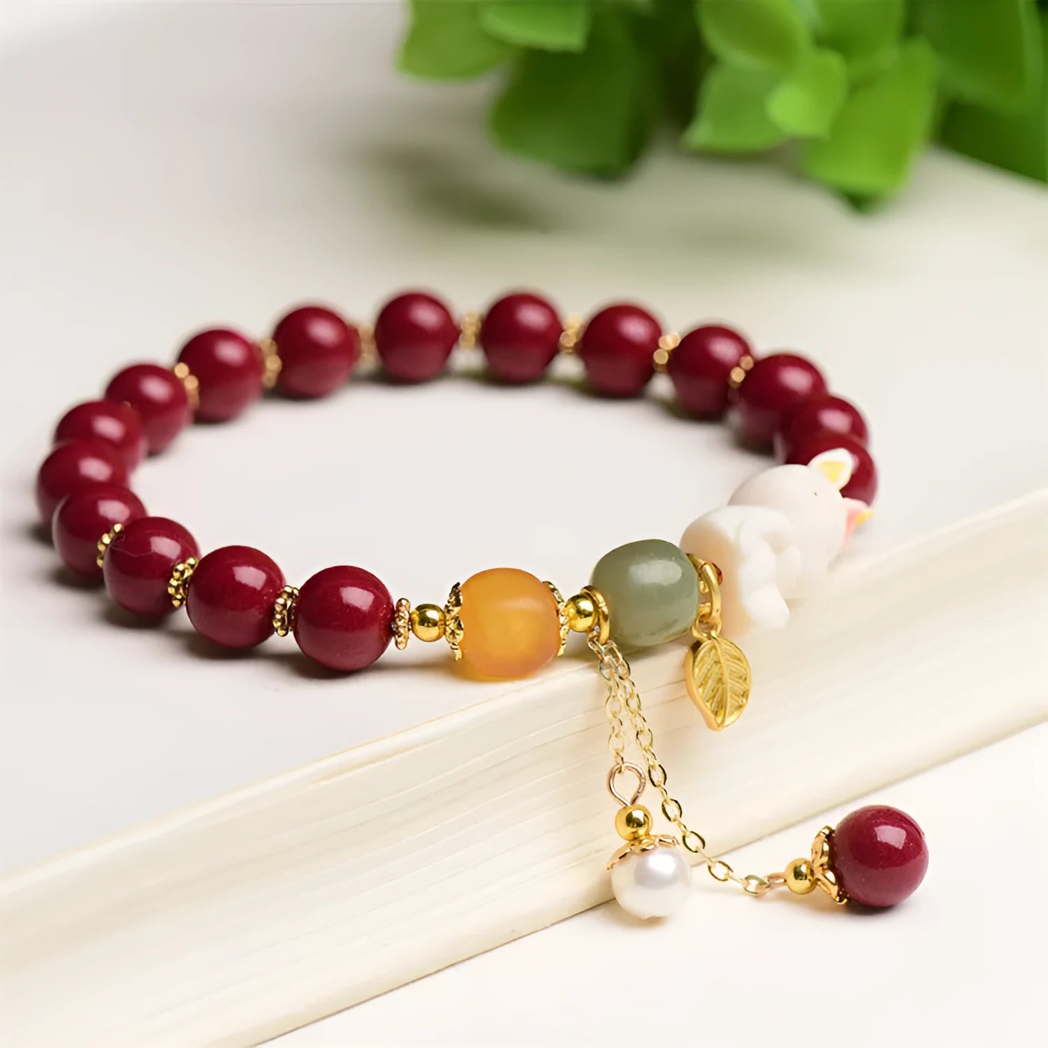 Natural cinnabar rabbit bracelet for women, 8mm or 10mm beads, Tian Yu brand, national style