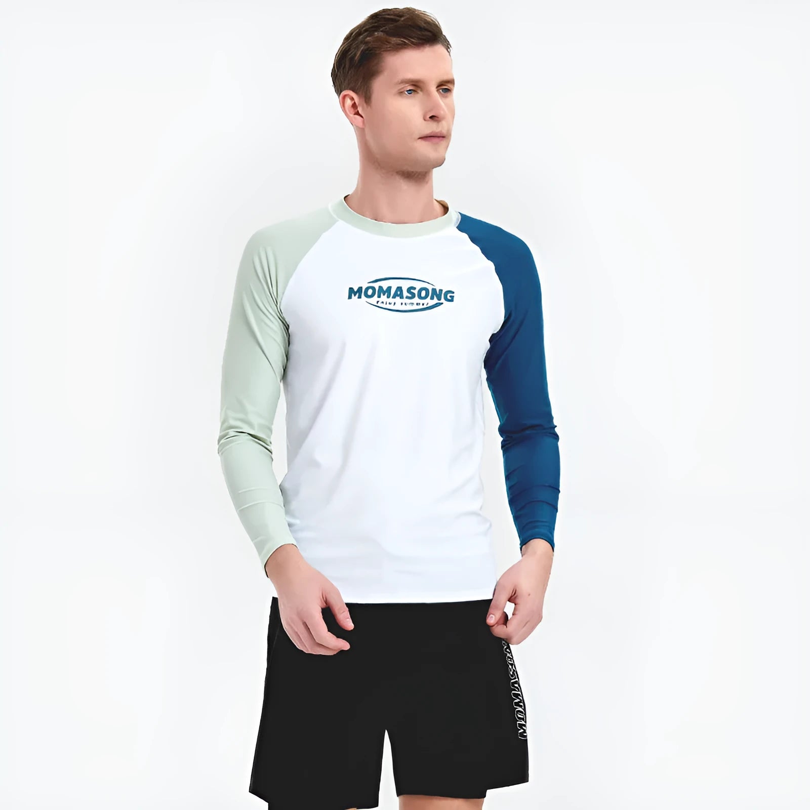 Men's long-sleeved swimsuit set with matching swimming trunks for beach sports