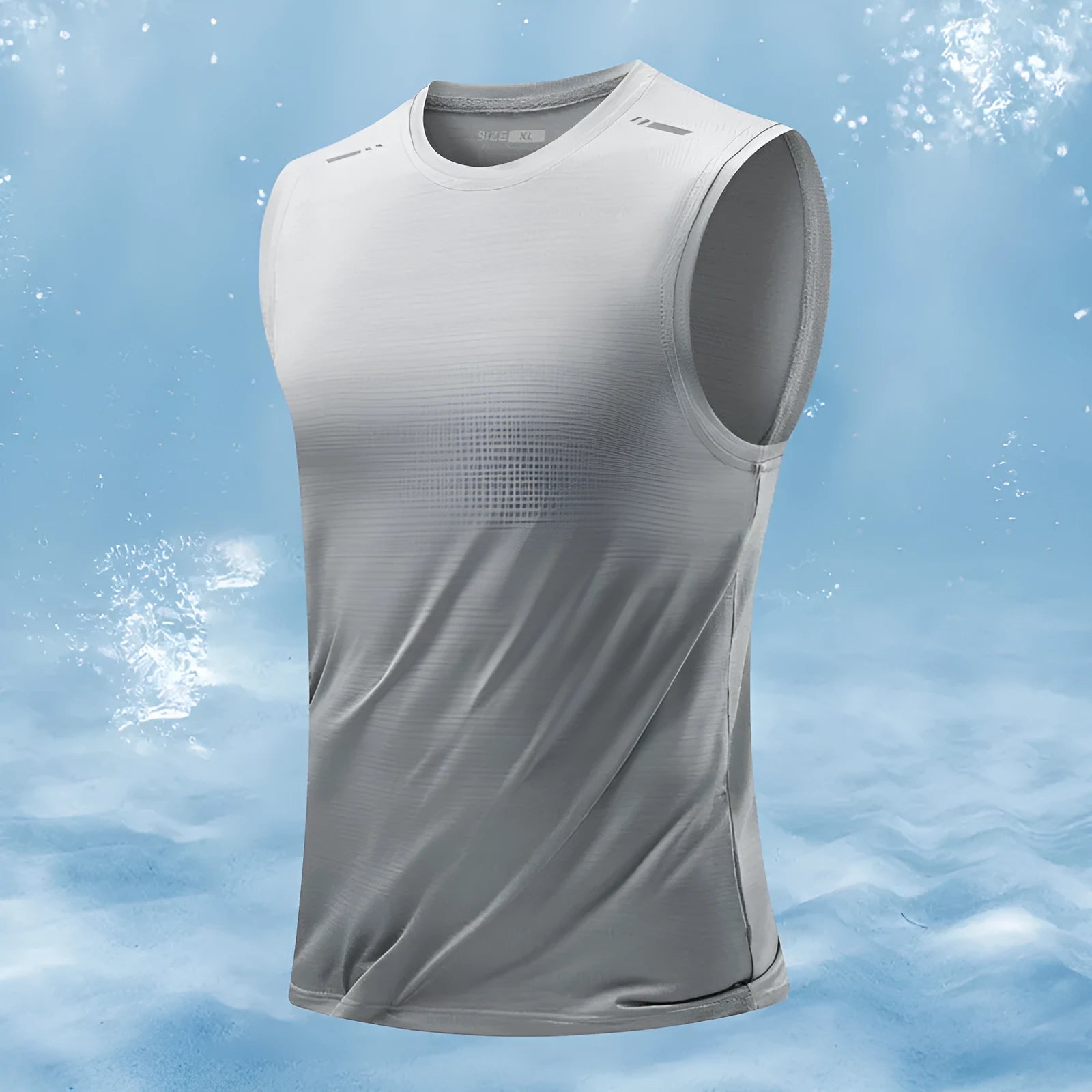 Man wearing a loose-fit grey sleeveless bamboo blend sports waistcoat, straight hem.