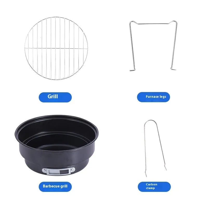 Small round folding ice stove with grill, leg, clip, and storage bag for portable outdoor cooking.
