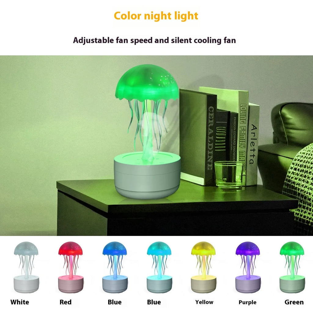 White resin jellyfish humidifier diffuser with 7-colour night light and essential oil tray for bedroom or office desk