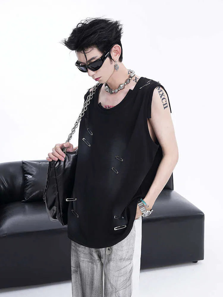 Men's black sleeveless vest with irregular cutting piece design and round neck collar