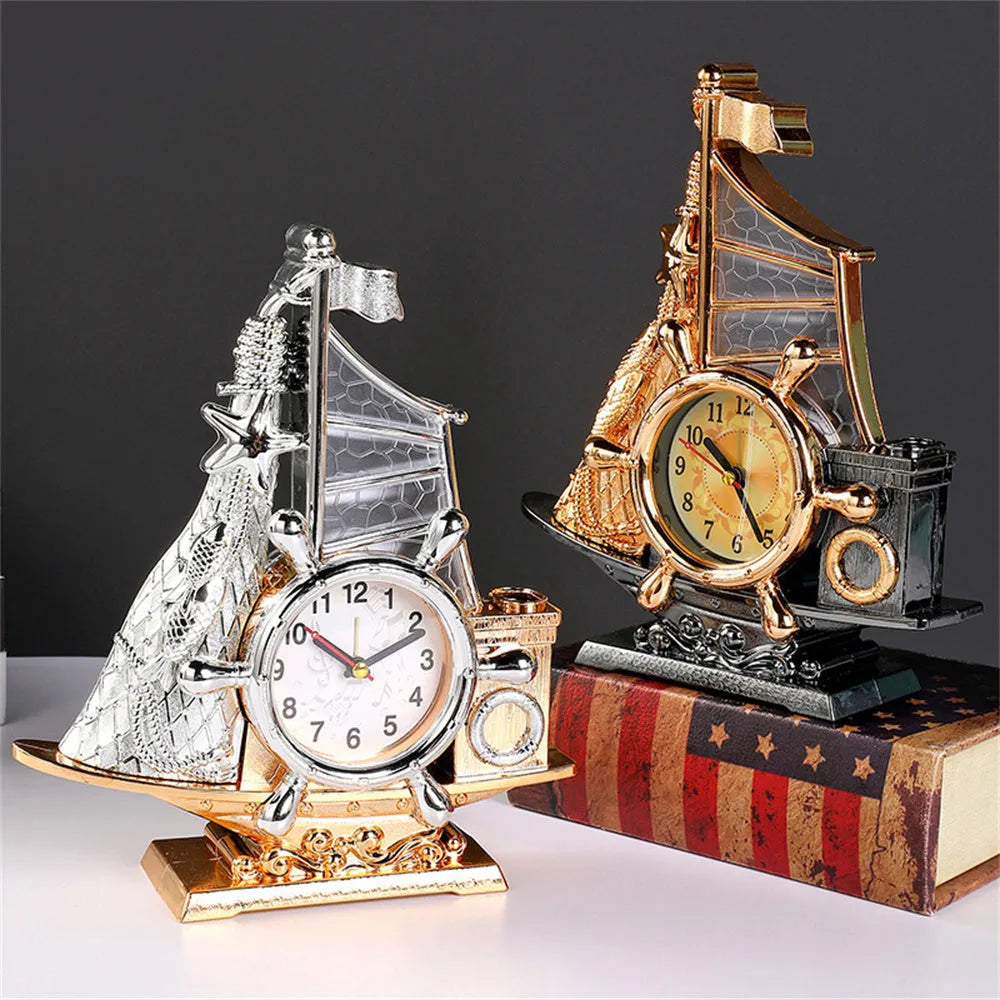 Fashion bedroom alarm clock with gold plastic body and electronic display, 22.6cm tall