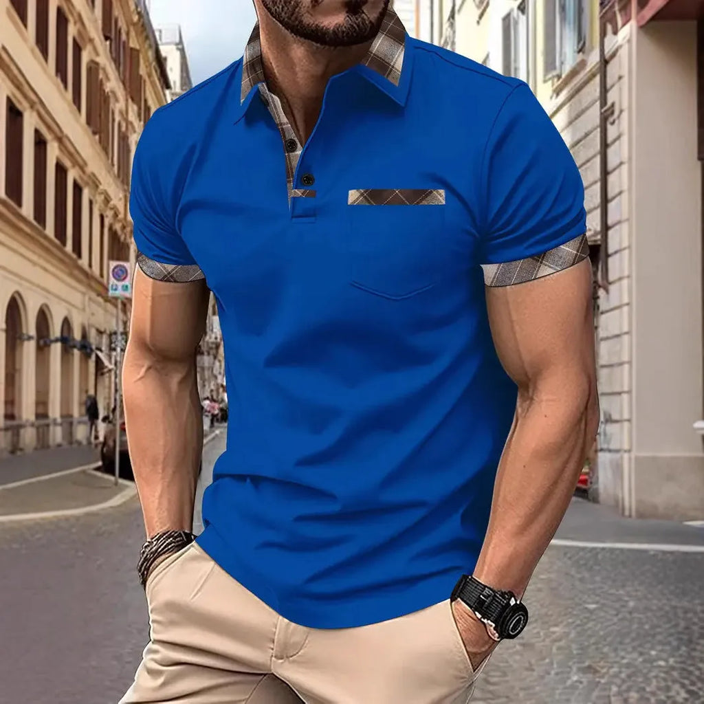 Men's loose fit plaid colourblock t-shirt with decorative zipper elements on short sleeves