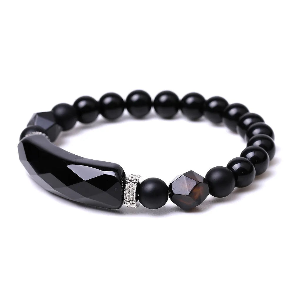 Handmade black agate diamond-shaped cut bracelet for women and men, unisex geometric fan-shaped style