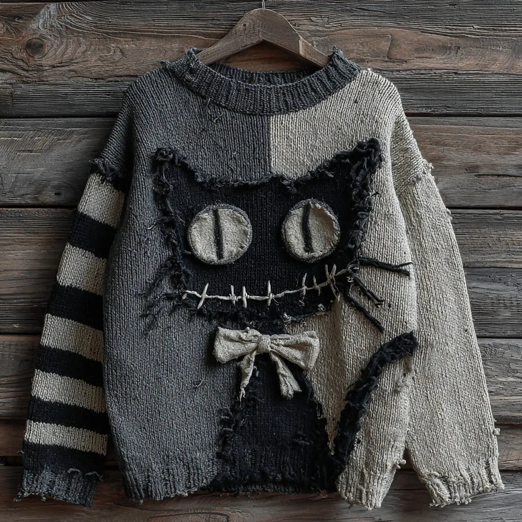 Women's digital print pullover sweater with 3D stereo pattern, round neck, long sleeves, loose fit in polyester knit