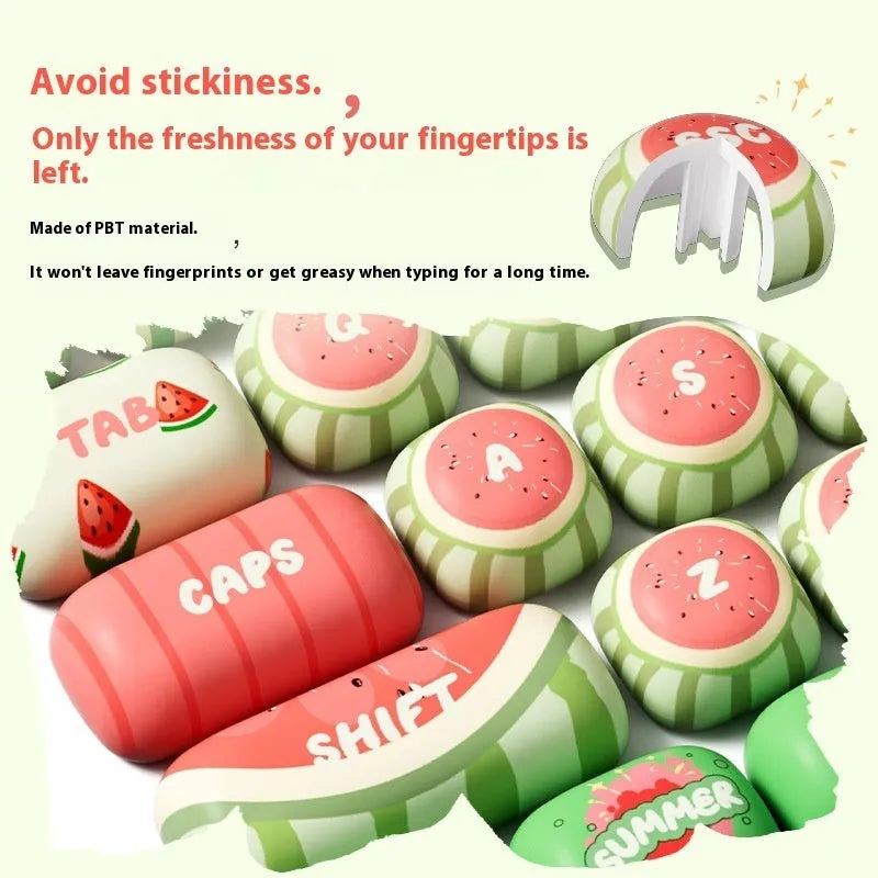 Watermelon themed blue PBT keycaps with MOG height profile for mechanical keyboards.