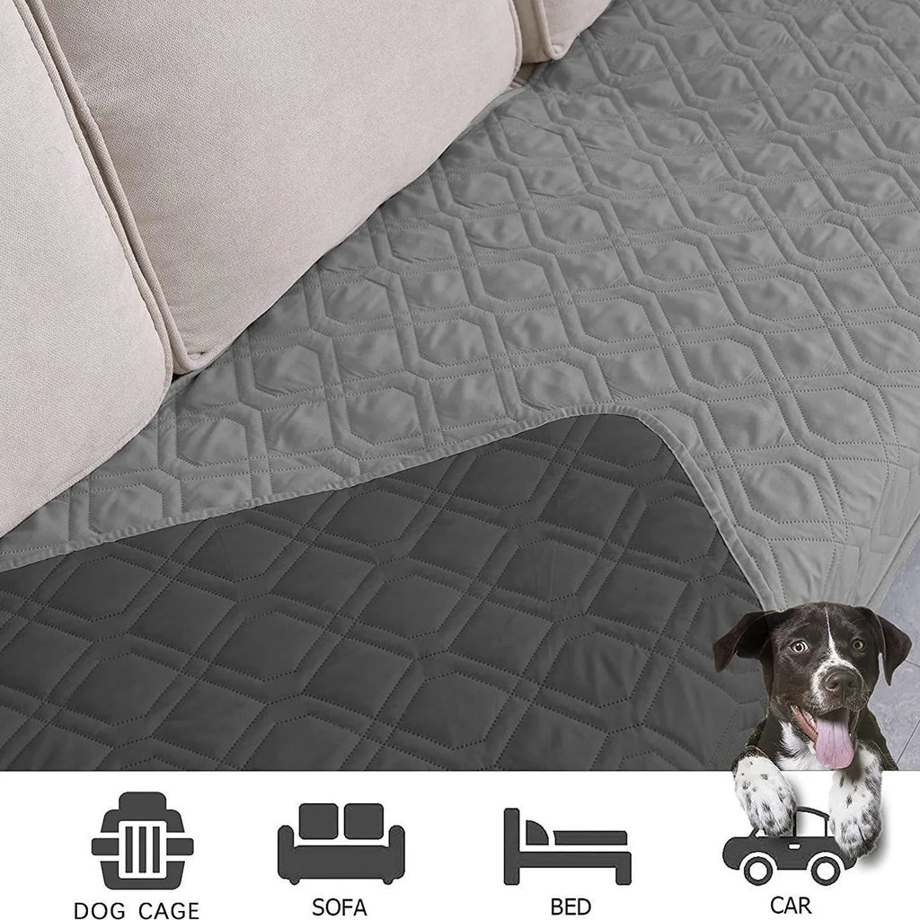 Reversible dog blanket couch cover in black with double-layer design, laid flat on sofa