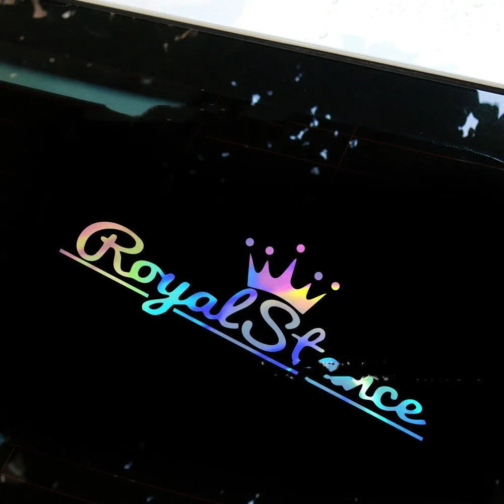 Reflective crown design car sticker on a vehicle window, showing black, white and colour options.