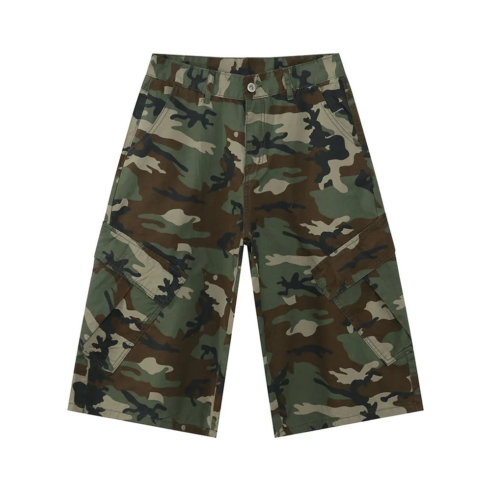 Men's cotton camouflage cargo trousers showing wide leg fit, large pockets, and side stitching details