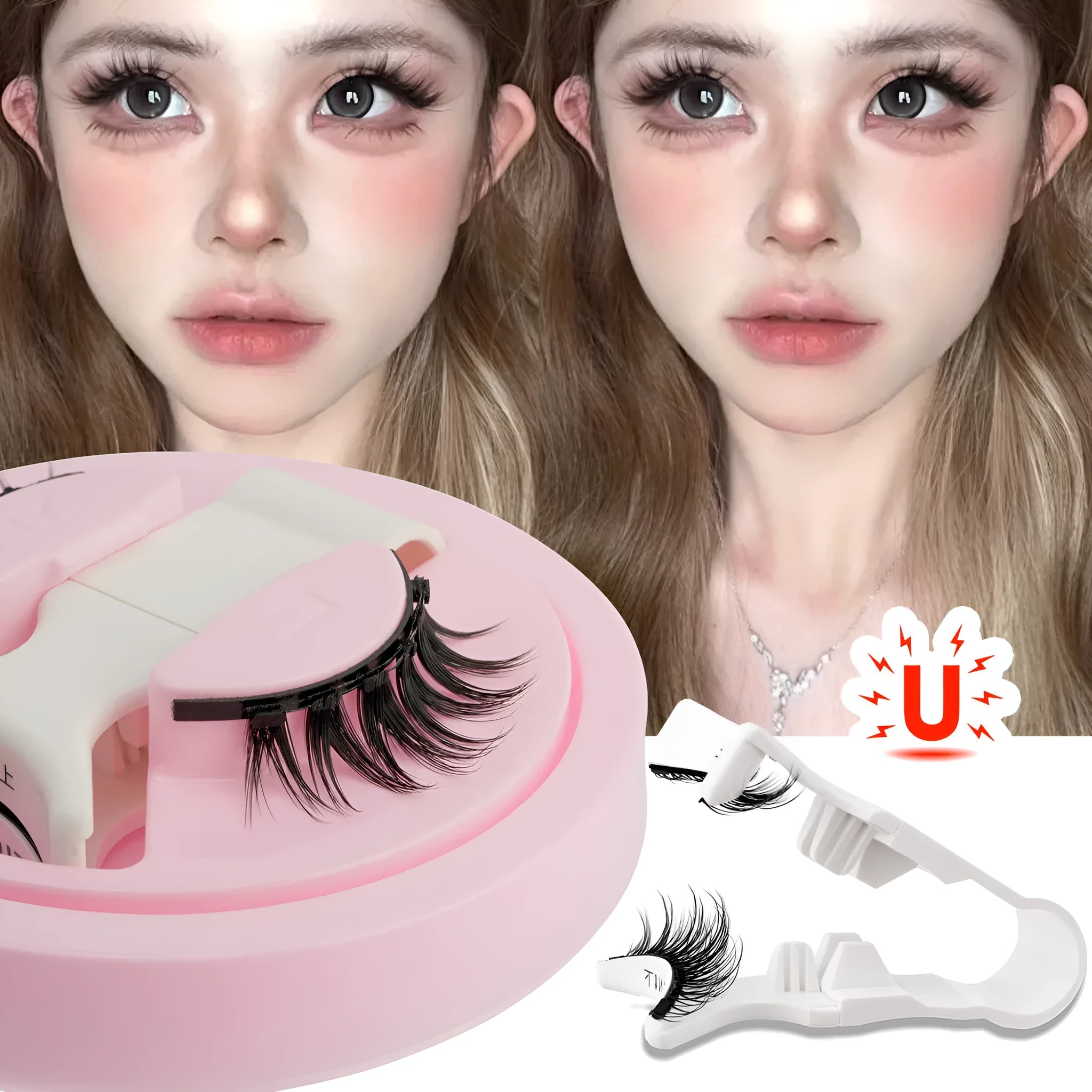 Set of reusable waterproof false eyelashes in five styles on a clear tray