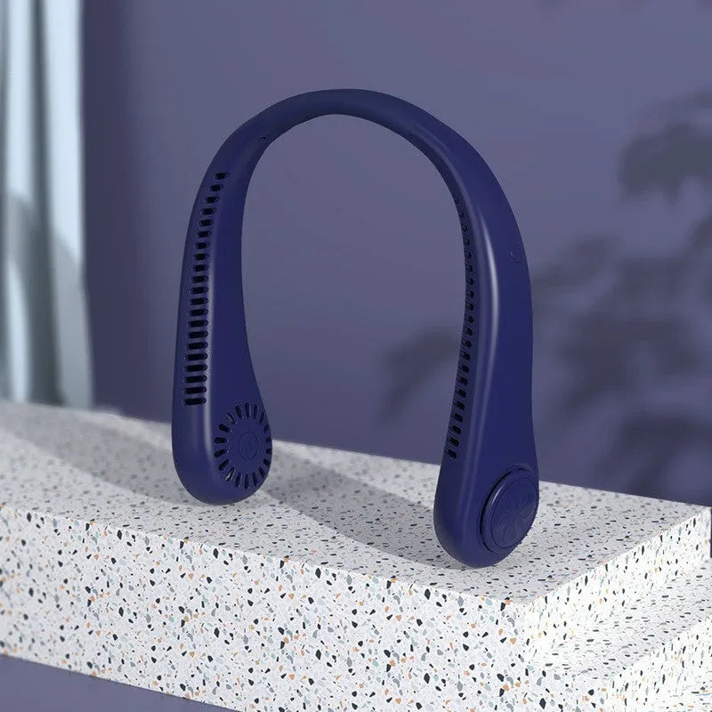 Pink USB rechargeable bladeless neck fan worn around neck, showing flexible band and air vents.