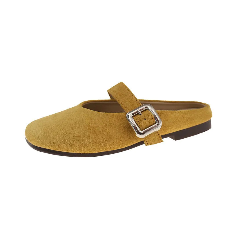 Women's flat closed toe slippers with square head in apricot, blue, red, or yellow colours on a rubber sole.