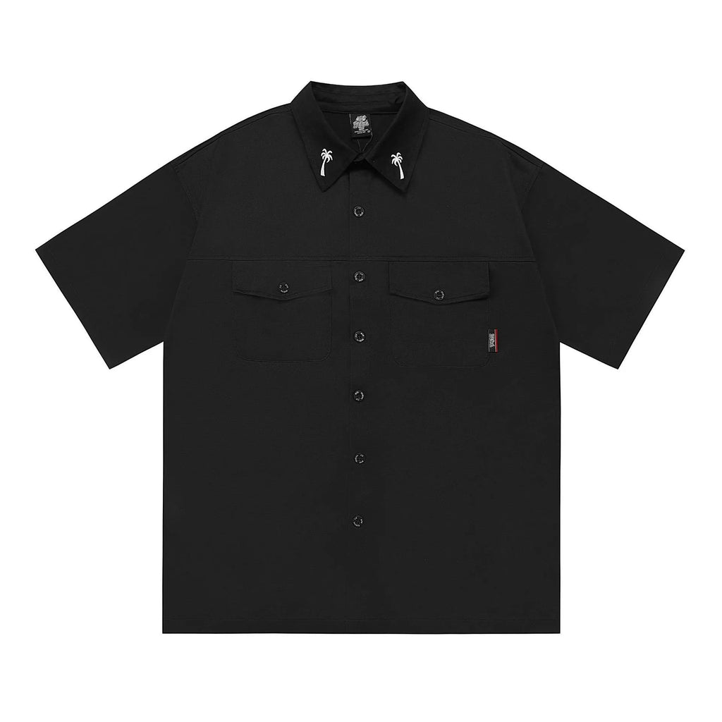 Men's loose embroidered pocket shirt in black, half sleeve cotton blend work shirt